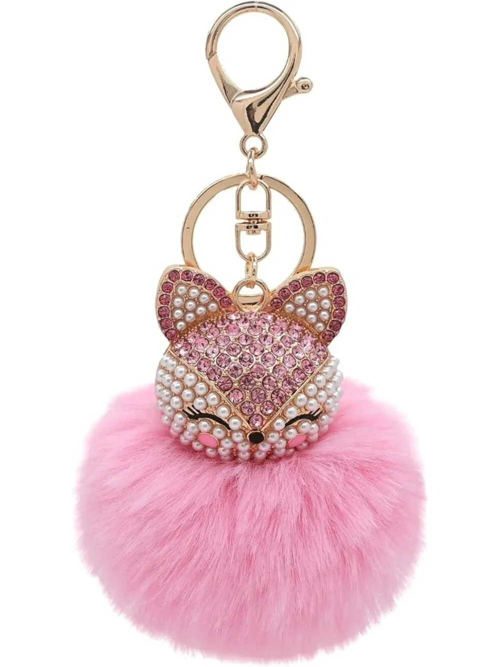Women's Pink Head Keychain with Faux Fur Pom-Pom Bling Rhinestones Simulated